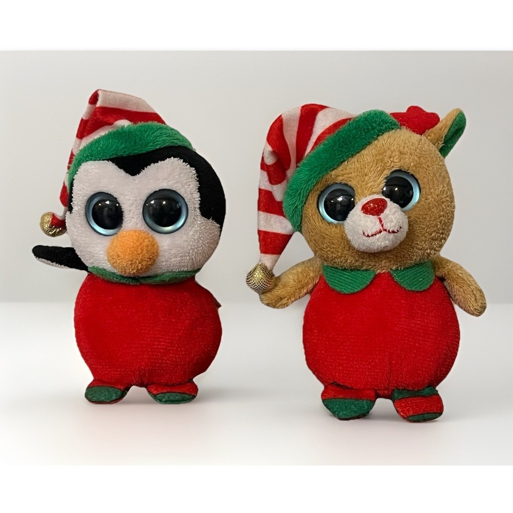 Ty Baby Beanie MERRY & HAPPY Holiday Penguin Reindeer 4" Ornament Stuffed 2012